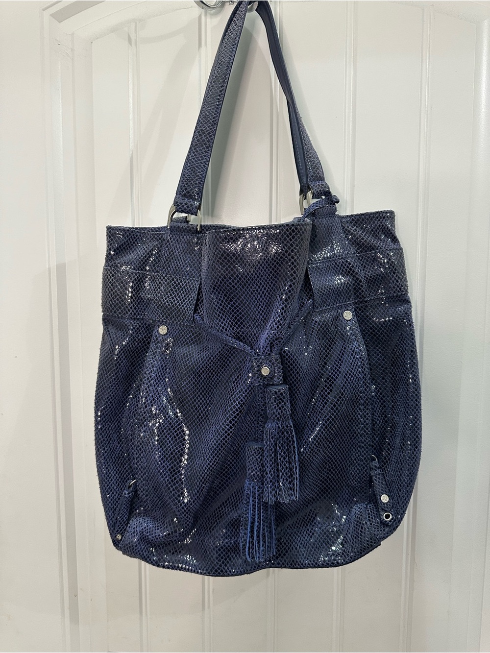 Cole Haan blue snakeskin hobo  Tote with Tassel Accent